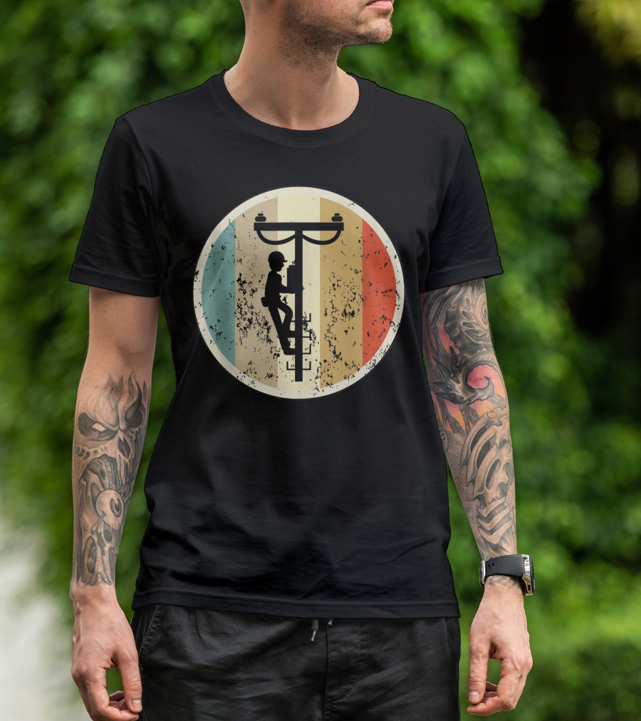 High Voltage Electrician Climbing Power Pole Retro Vintage Electrical T-Shirt