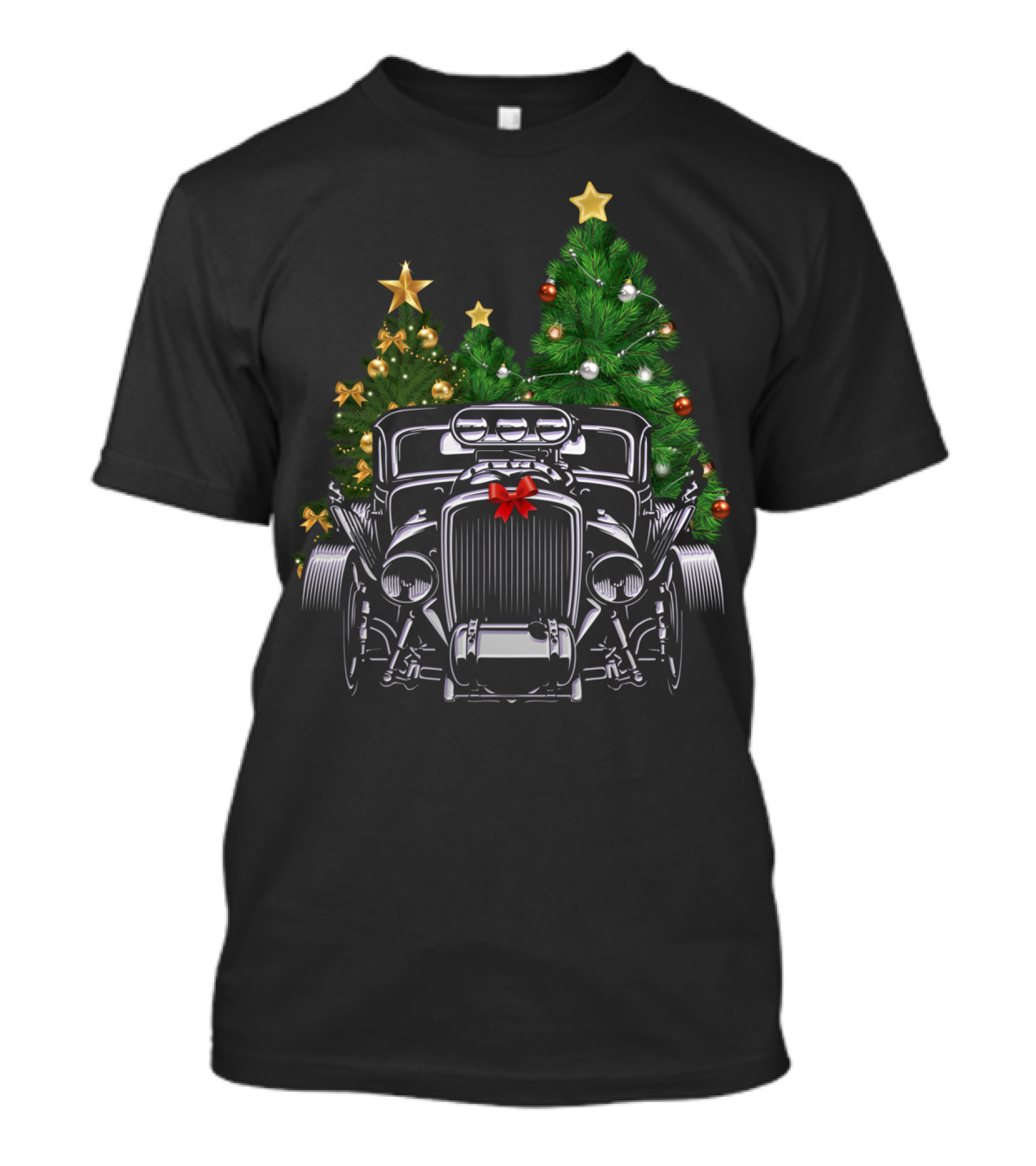 Hot Rod Ugly Christmas Classic American Car With Holiday Tree Decorations T-Shirt