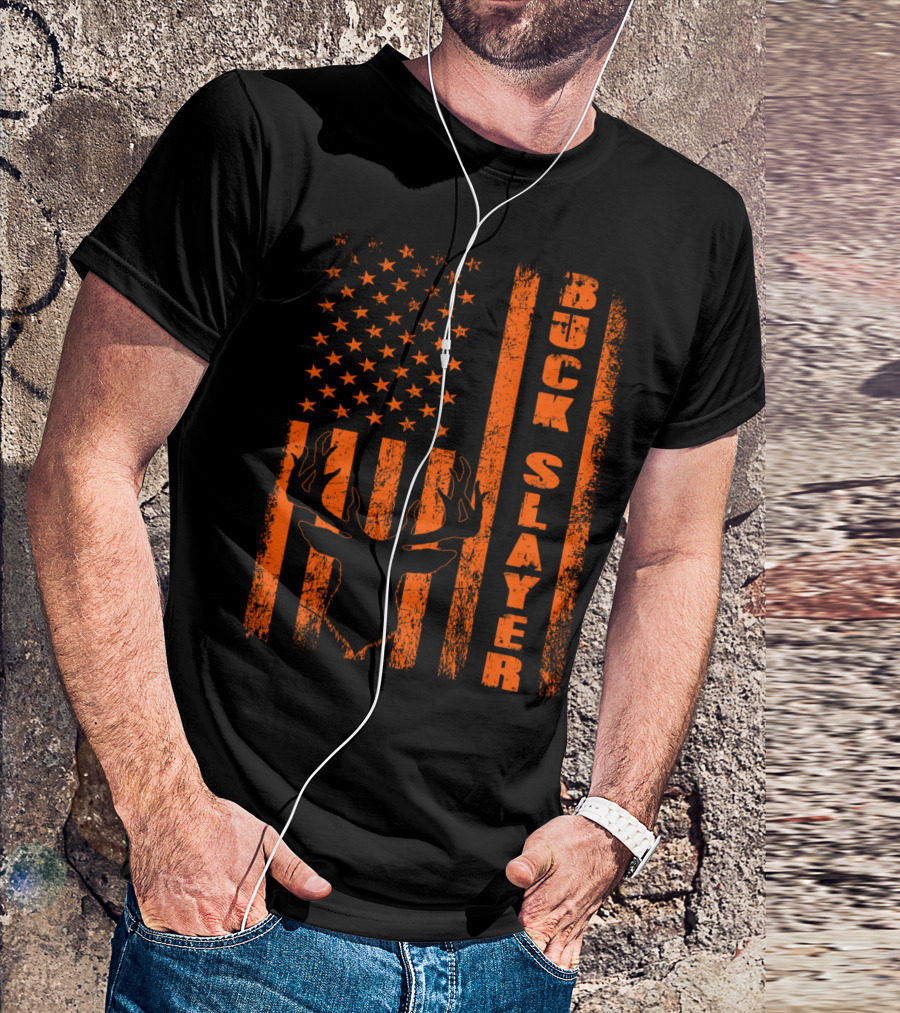 Hunting Blaze Orange Buck Slayer Patriotic Flag Deer T-Shirt
