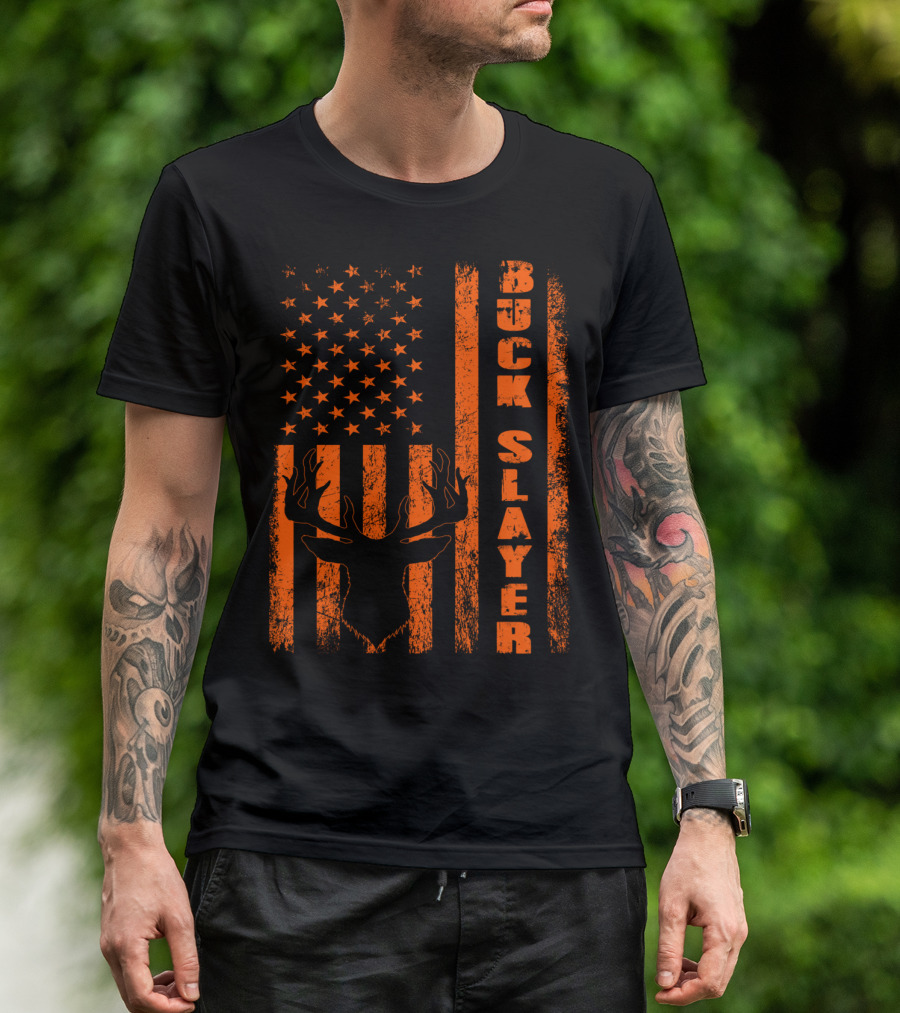 Hunting Blaze Orange Buck Slayer Patriotic Flag Deer T-Shirt