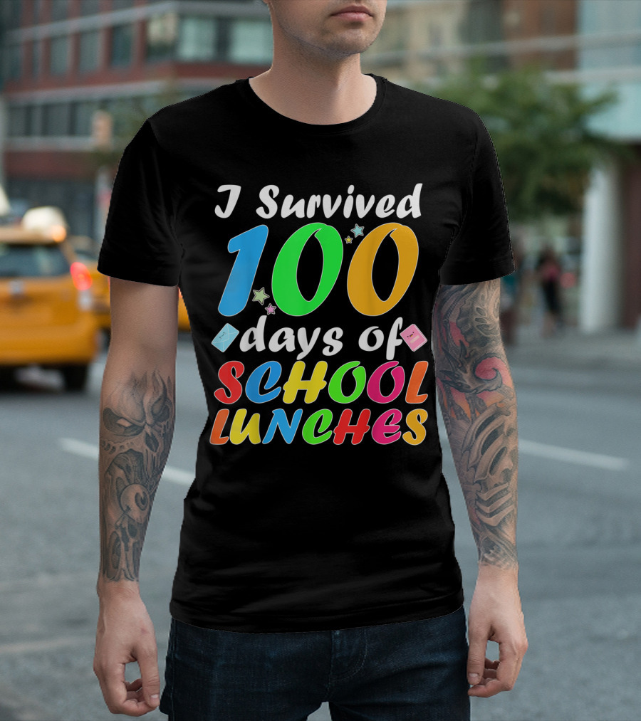 I Survived 100 Days of School Lunches Colorful Stars and Playful Faces T-Shirt