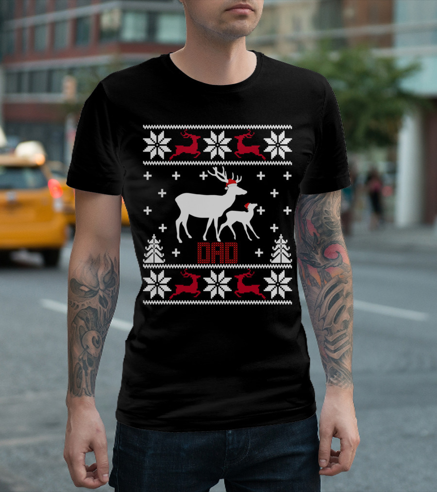 Matching Family Dad Reindeer Santa Hat Snowflakes Christmas T-Shirt