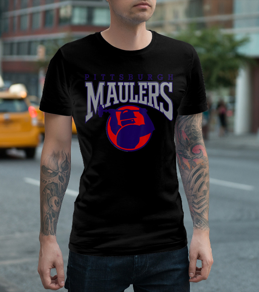 Pittsburgh Maulers Football Team Logo with Hammer Icon in Blue and Red T-Shirt