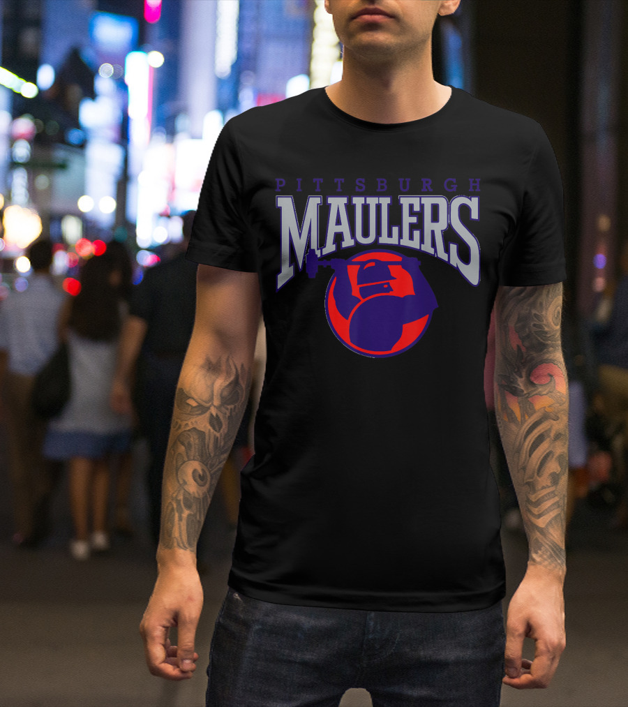 Pittsburgh Maulers Football Team Logo With Hammer Icon In Blue And Red T-Shirt