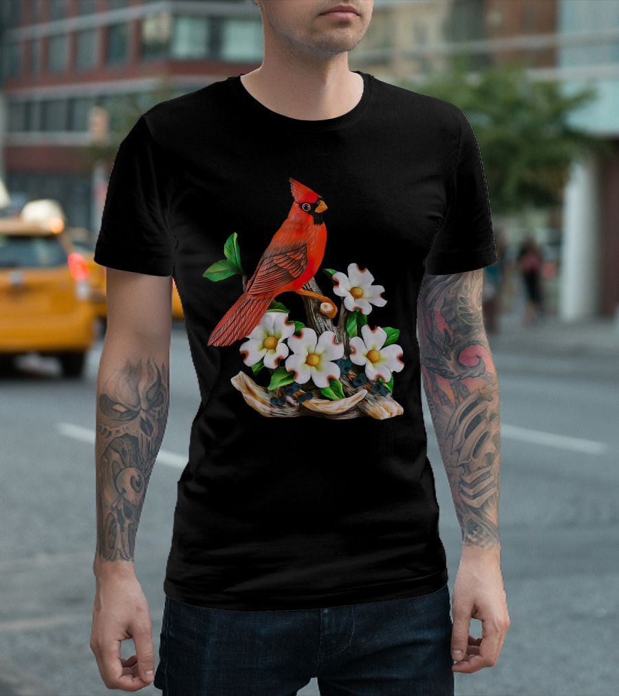 Red Cardinal Birds with White Flowering Blossoms T-Shirt