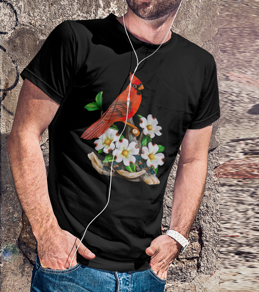Red Cardinal Birds With White Flowering Blossoms T-Shirt