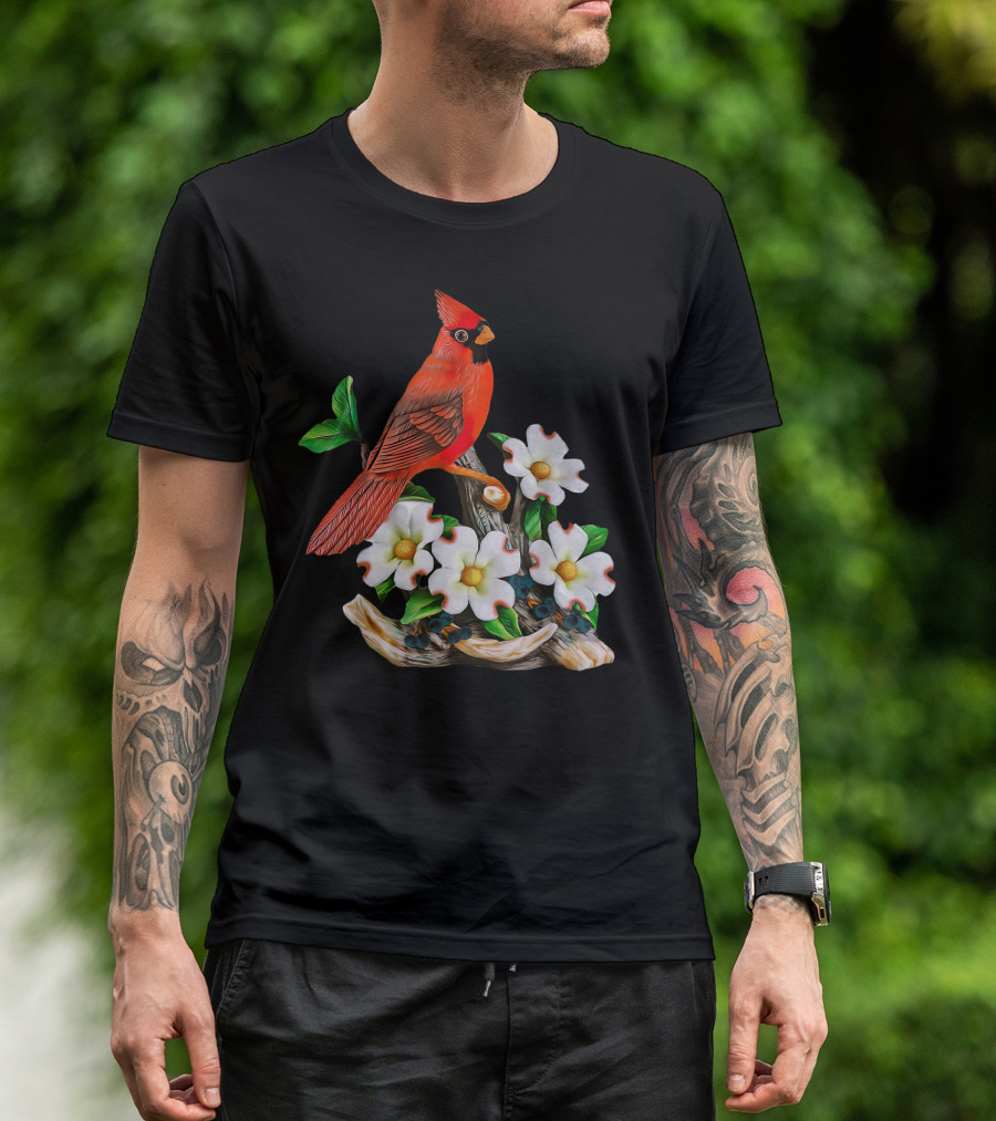 Red Cardinal Birds With White Flowering Blossoms T-Shirt