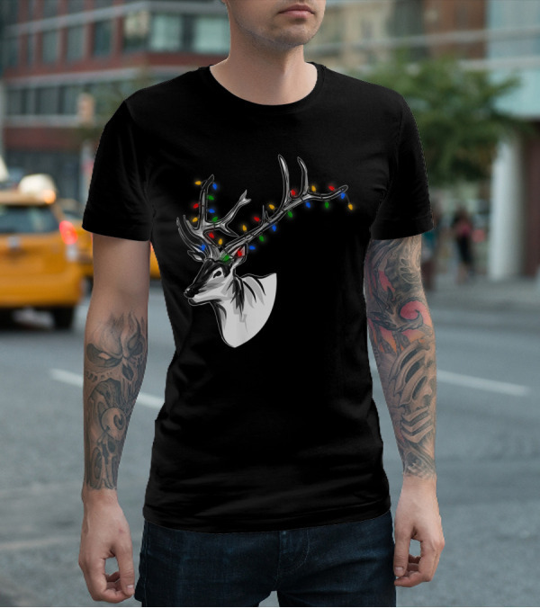Reindeer Christmas Lights Funny Animal Decorated Antlers Festive Humor T-Shirt