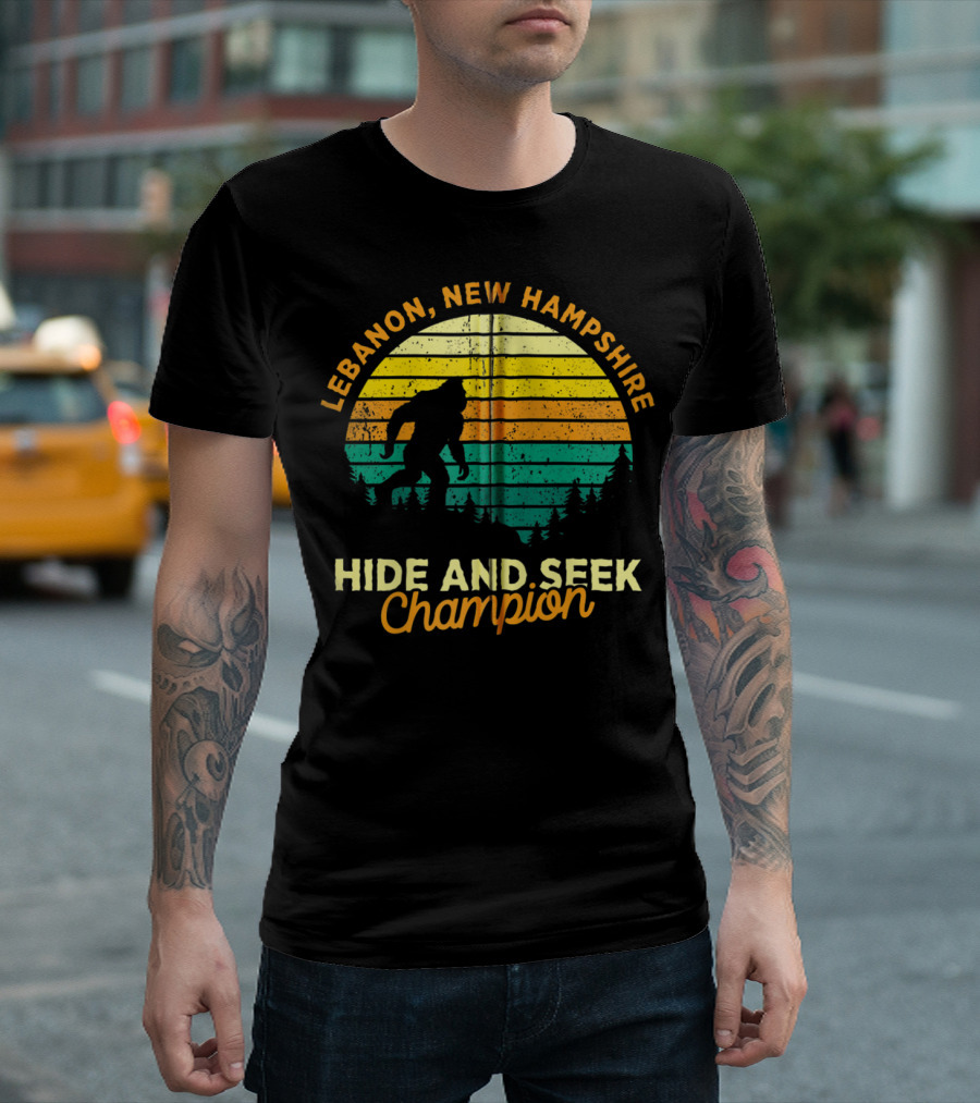 Lebanon New Hampshire Bigfoot Hide and Seek Champion Retro Sunset T-Shirt