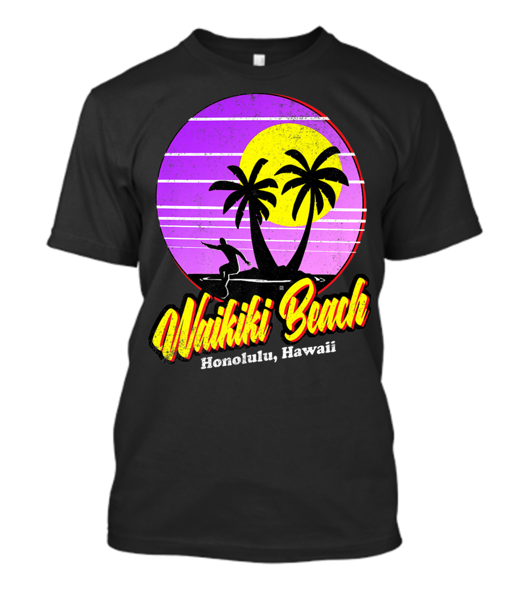 Waikiki Beach Honolulu Hawaii Retro Surfer 80s Vintage Palm Sunset T-Shirt
