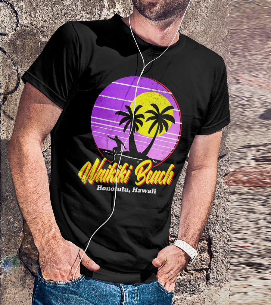Waikiki Beach Honolulu Hawaii Retro Surfer 80s Vintage Palm Sunset T-Shirt