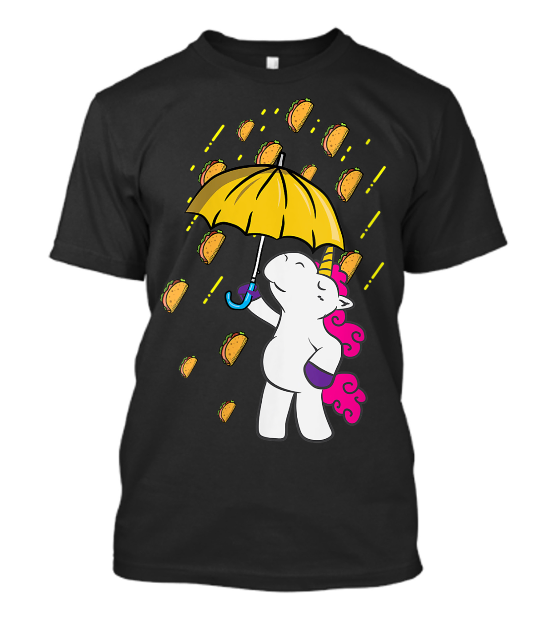 Its Raining Tacos Funny Unicorn Holding Yellow Umbrella T-Shirt