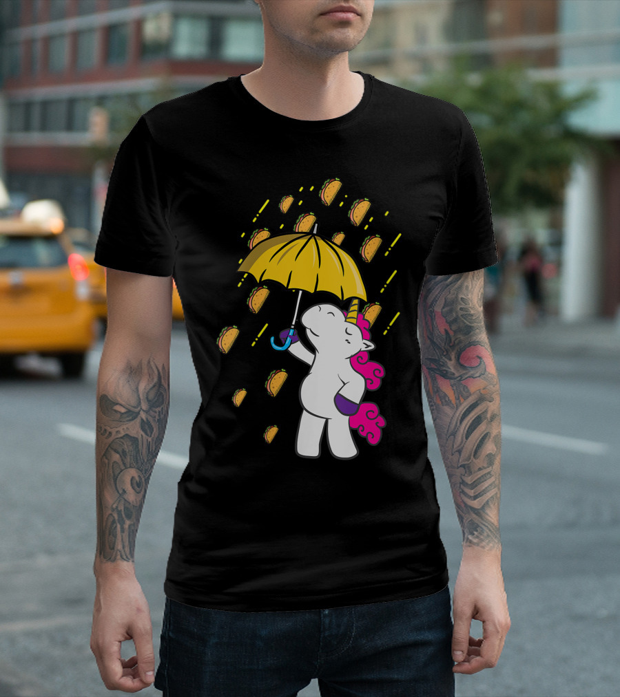 Its Raining Tacos Funny Unicorn Holding Yellow Umbrella T-Shirt