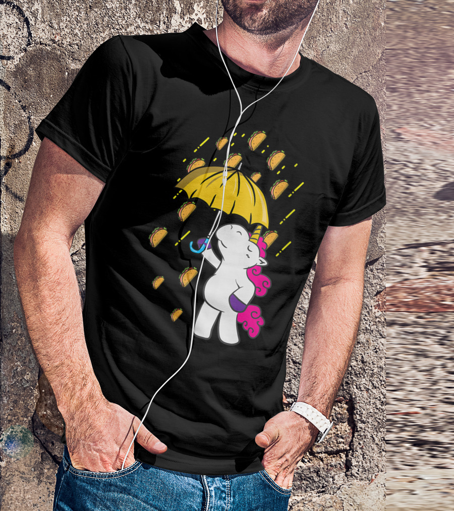 Its Raining Tacos Funny Unicorn Holding Yellow Umbrella T-Shirt