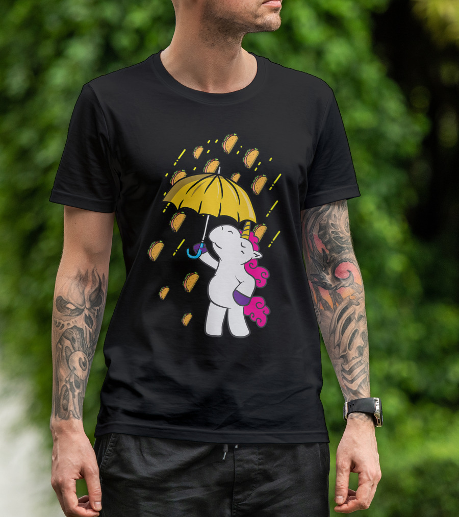 Its Raining Tacos Funny Unicorn Holding Yellow Umbrella T-Shirt