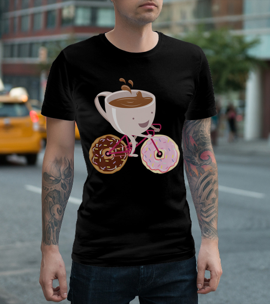 Coffee Cup Riding Bicycle with Donut Wheels Hand Drawn T-Shirt