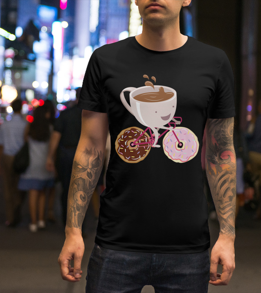 Coffee Cup Riding Bicycle With Donut Wheels Hand Drawn T-Shirt