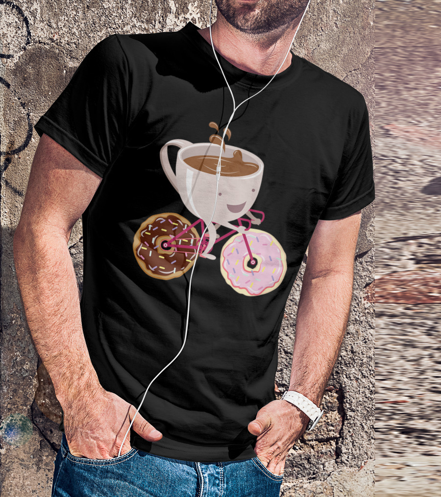 Coffee Cup Riding Bicycle With Donut Wheels Hand Drawn T-Shirt
