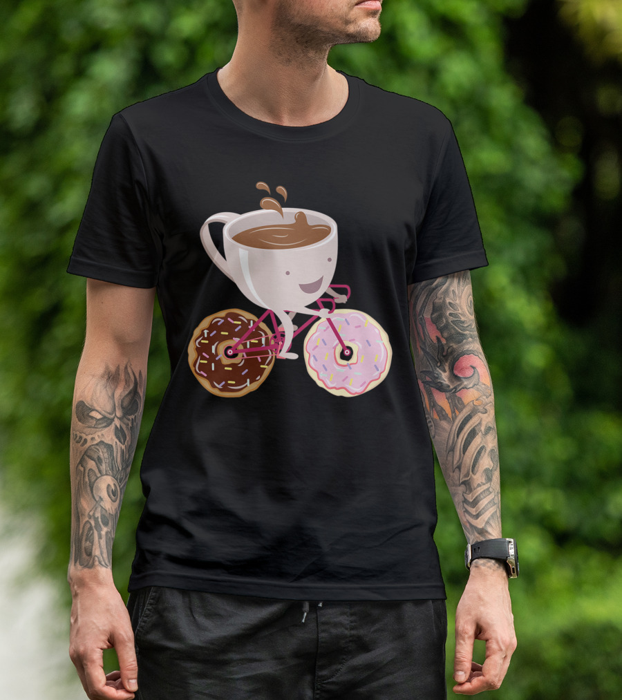 Coffee Cup Riding Bicycle With Donut Wheels Hand Drawn T-Shirt