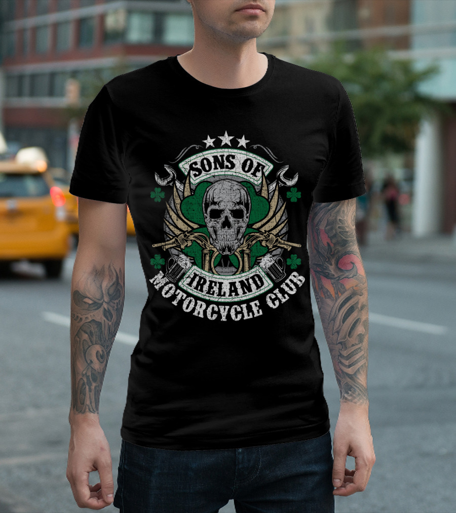 Sons of Ireland Motorcycle Club Skull Shamrock Wings Biker T-Shirt
