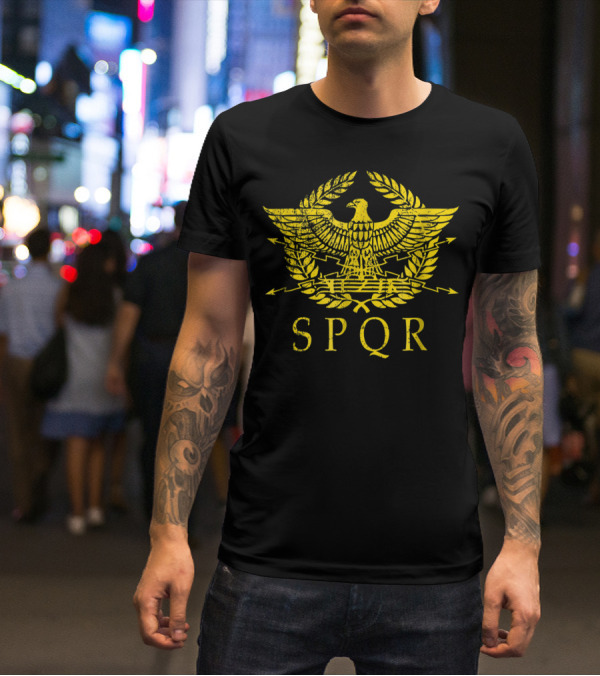 SPQR Distressed Ancient Rome Gold Eagle Laurel Emblem T-Shirt