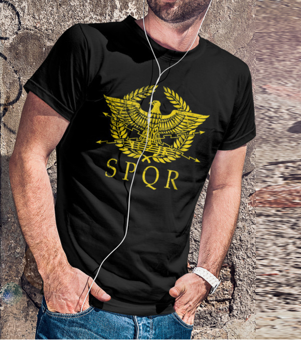 SPQR Distressed Ancient Rome Gold Eagle Laurel Emblem T-Shirt