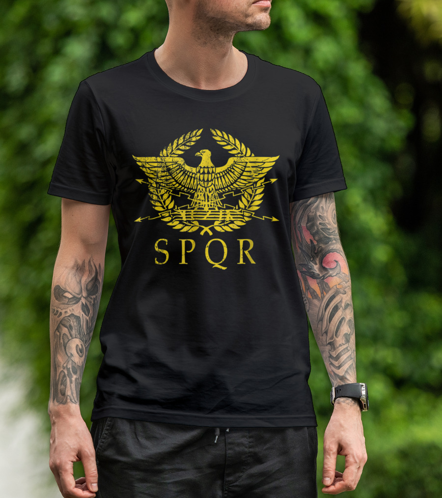SPQR Distressed Ancient Rome Gold Eagle Laurel Emblem T-Shirt