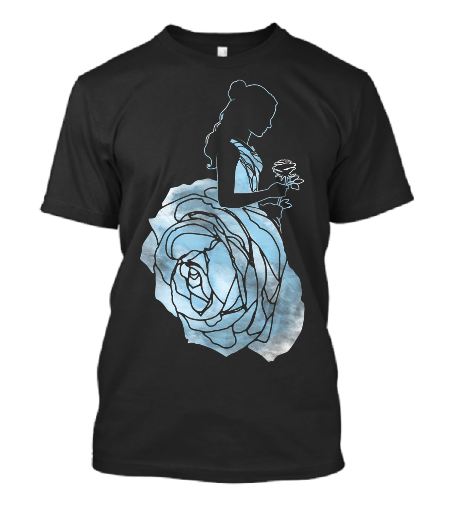 Disney Beauty And The Beast Belle Silhouette Blue Rose Dress T-Shirt