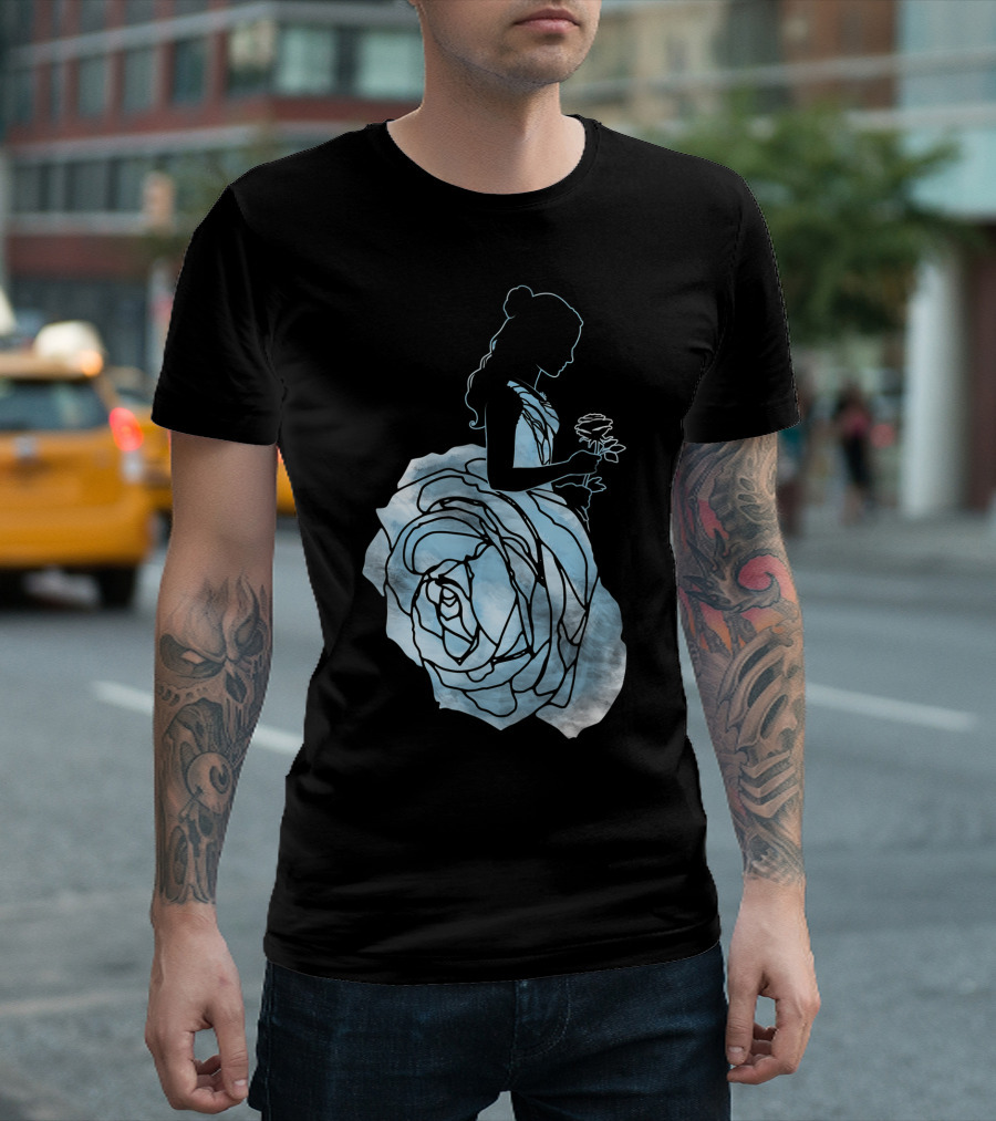 Disney Beauty and the Beast Belle Silhouette Blue Rose Dress T-Shirt
