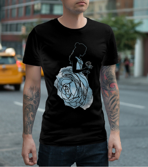Disney Beauty And The Beast Belle Silhouette Blue Rose Dress T-Shirt