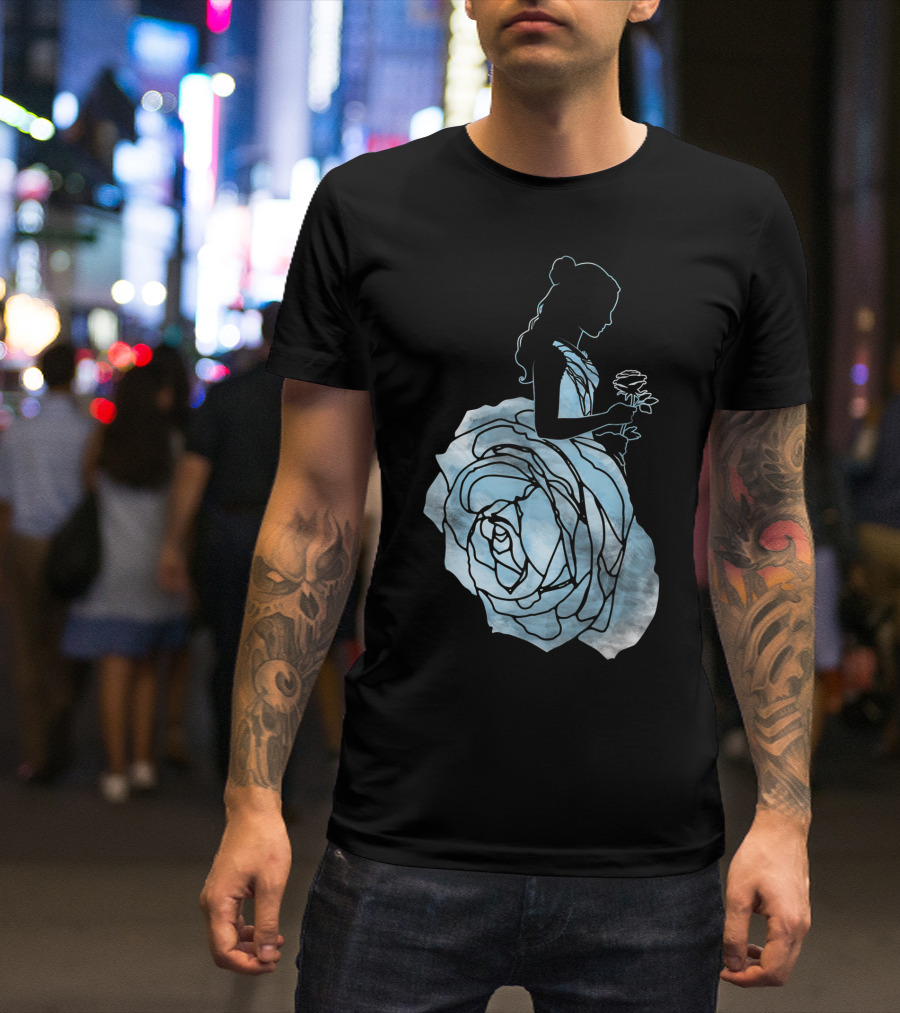 Disney Beauty And The Beast Belle Silhouette Blue Rose Dress T-Shirt