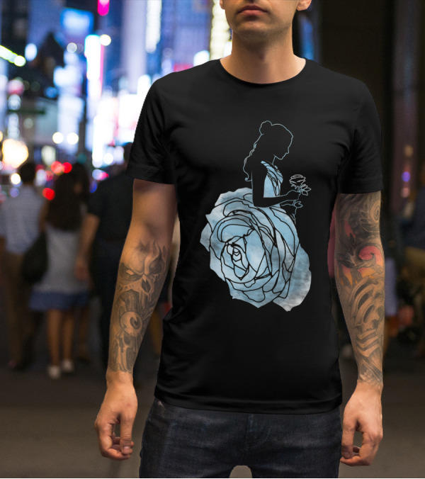 Disney Beauty And The Beast Belle Silhouette Blue Rose Dress T-Shirt