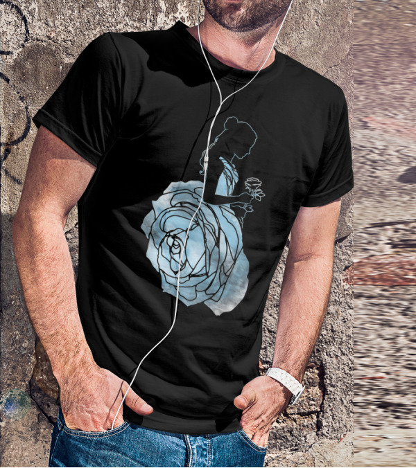 Disney Beauty And The Beast Belle Silhouette Blue Rose Dress T-Shirt