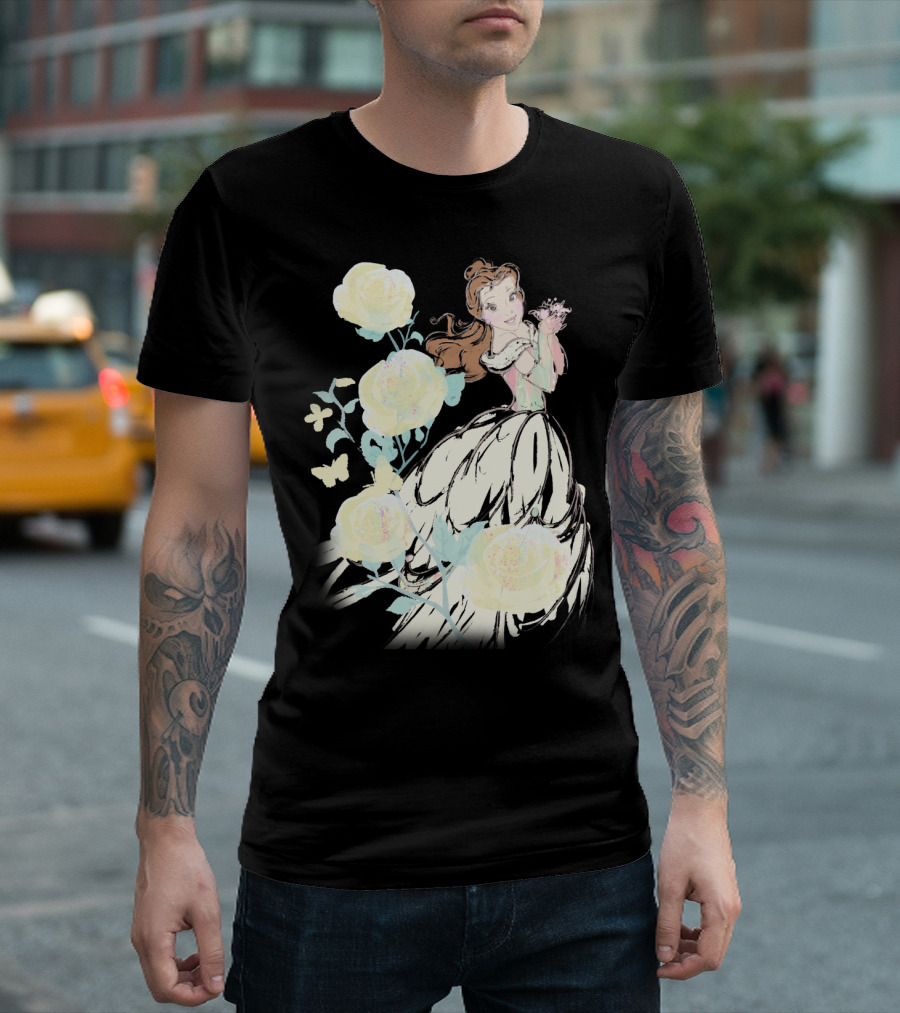 Disney Beauty The Beast Belle Yellow Watercolor Rose Butterfly T-Shirt