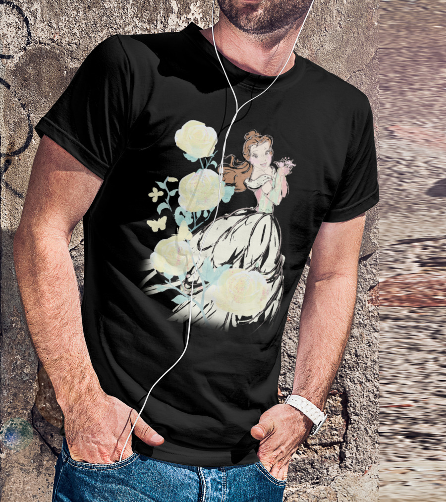 Disney Beauty The Beast Belle Yellow Watercolor Rose Butterfly T-Shirt