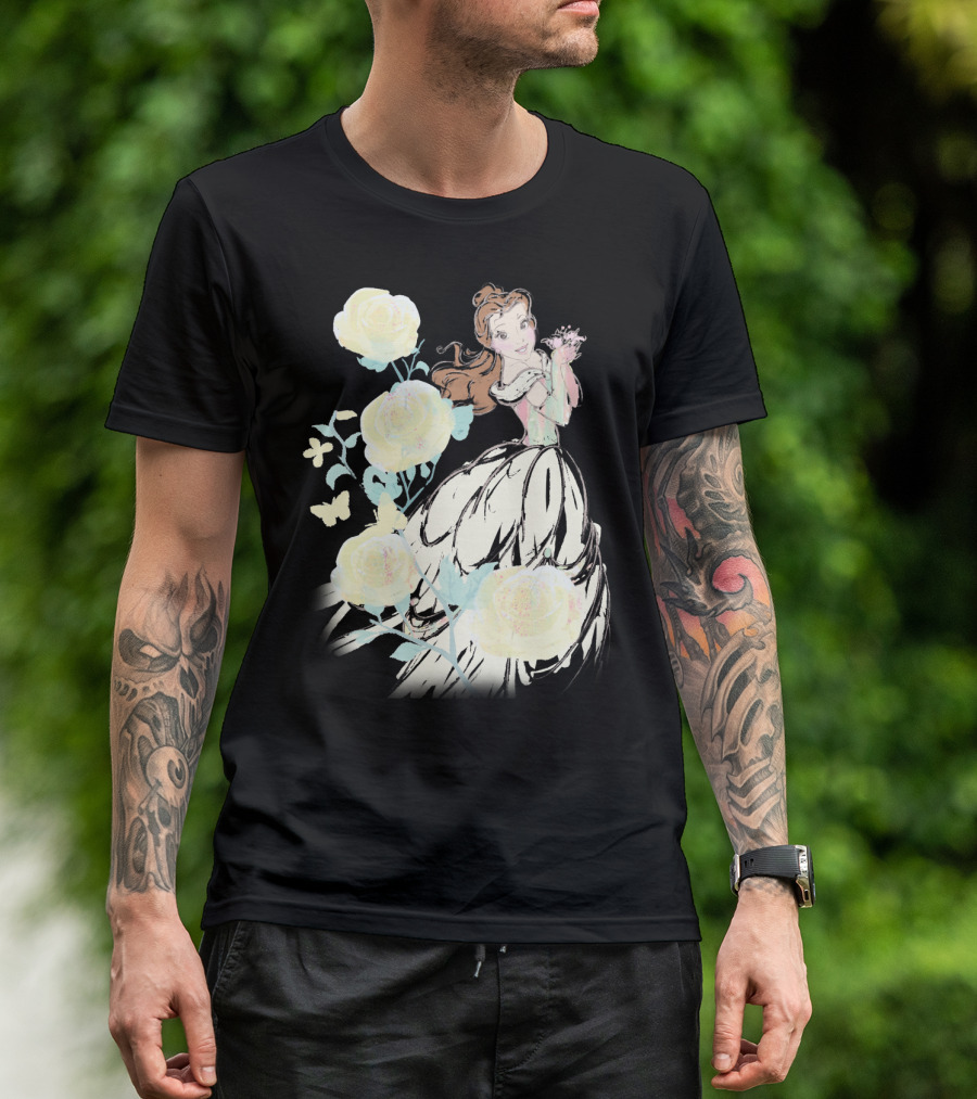 Disney Beauty The Beast Belle Yellow Watercolor Rose Butterfly T-Shirt