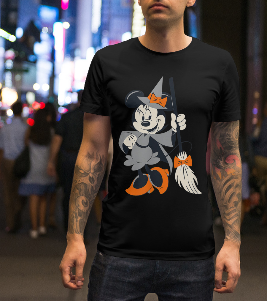 Disney Halloween Minnie Mouse Witch Costume Broomstick Orange Bows T-Shirt