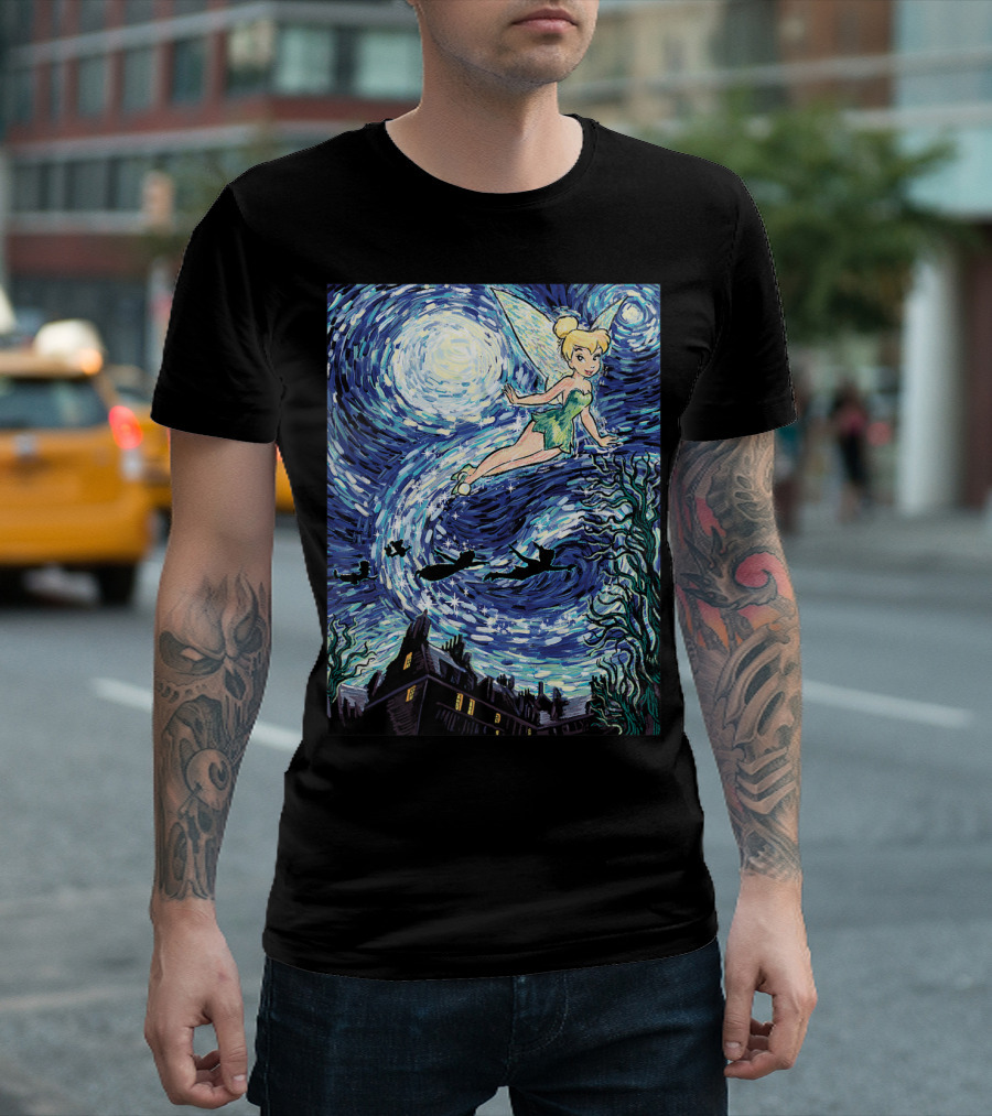 Disney Peter Pan Tinker Bell Starry Night Van Gogh Style Flight Scene T-Shirt