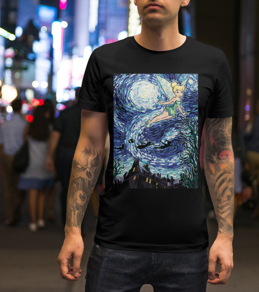Disney Peter Pan Tinker Bell Starry Night Van Gogh Style Flight Scene T-Shirt