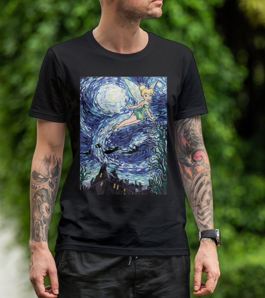 Disney Peter Pan Tinker Bell Starry Night Van Gogh Style Flight Scene T-Shirt