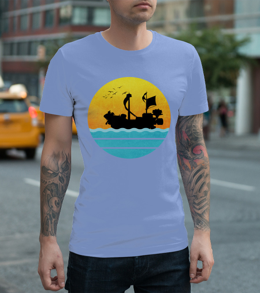 One Piece Thousand Sunny Ship Silhouette With Sunset And Ocean Waves T-Shirt