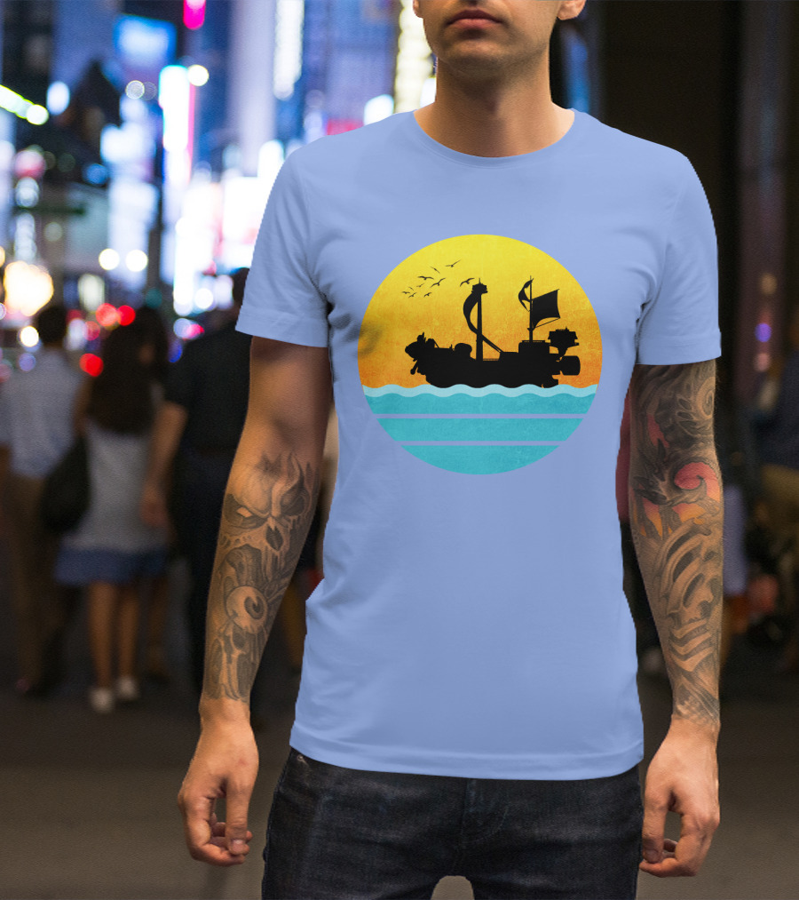 One Piece Thousand Sunny Ship Silhouette With Sunset And Ocean Waves T-Shirt