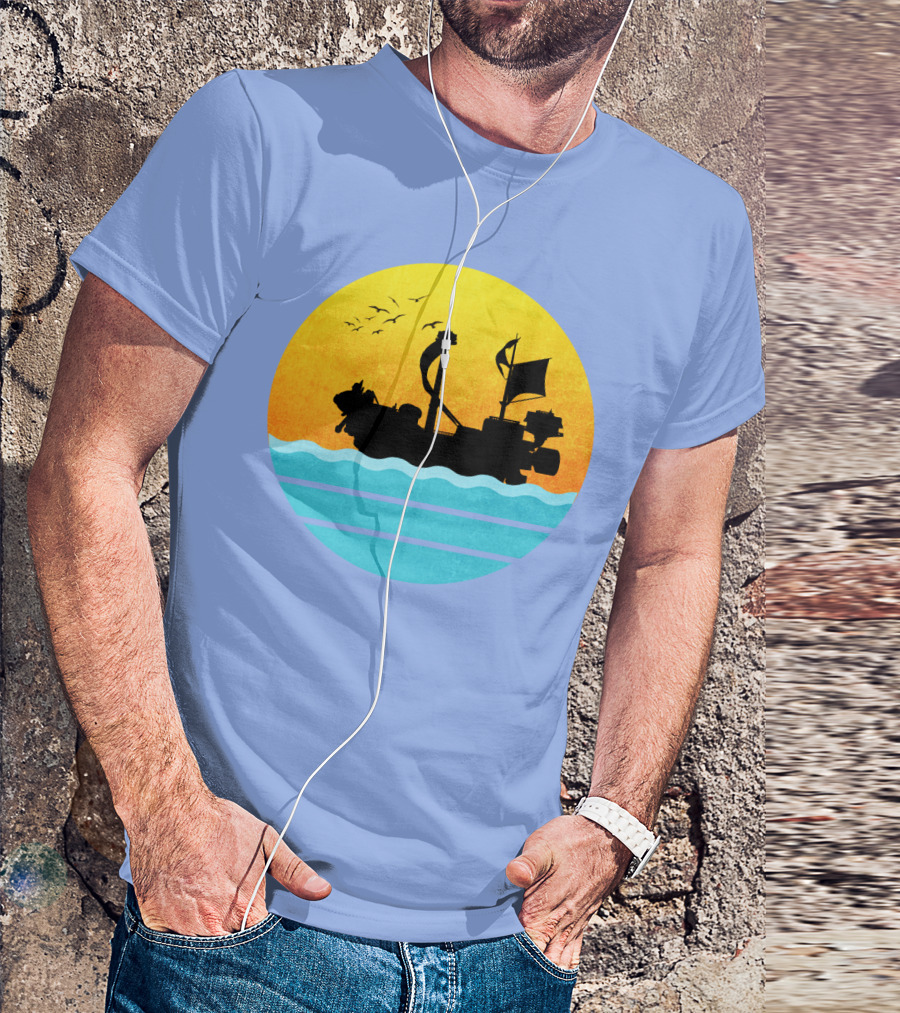 One Piece Thousand Sunny Ship Silhouette With Sunset And Ocean Waves T-Shirt
