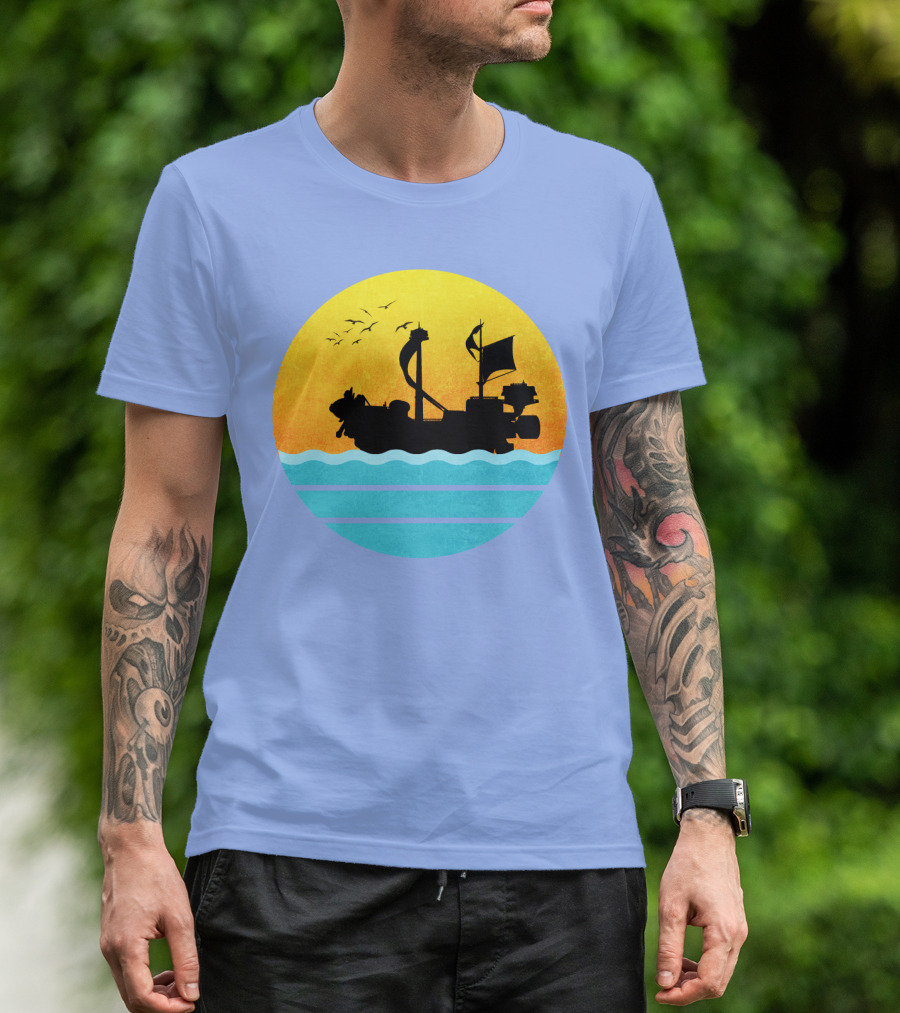 One Piece Thousand Sunny Ship Silhouette With Sunset And Ocean Waves T-Shirt