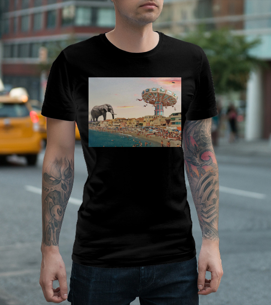 Elephant Beach Giant Elephant Vintage Carousel Coastal Fantasy Scene T-Shirt