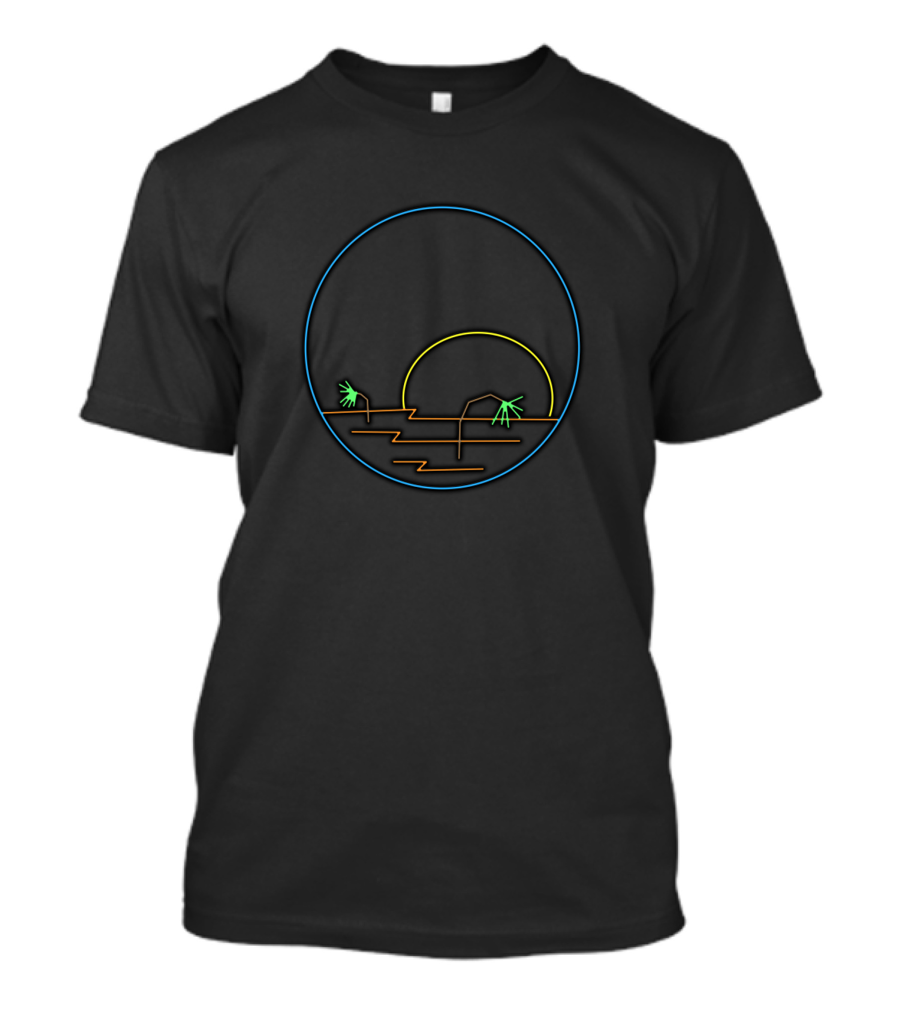 Neon Beach Sunset With Palm Trees In Circular Line T-Shirt