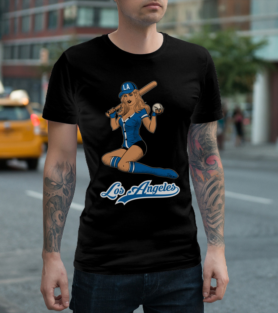 Los Angeles Baseball Pin Up Girl LA Cap and Bat T-Shirt