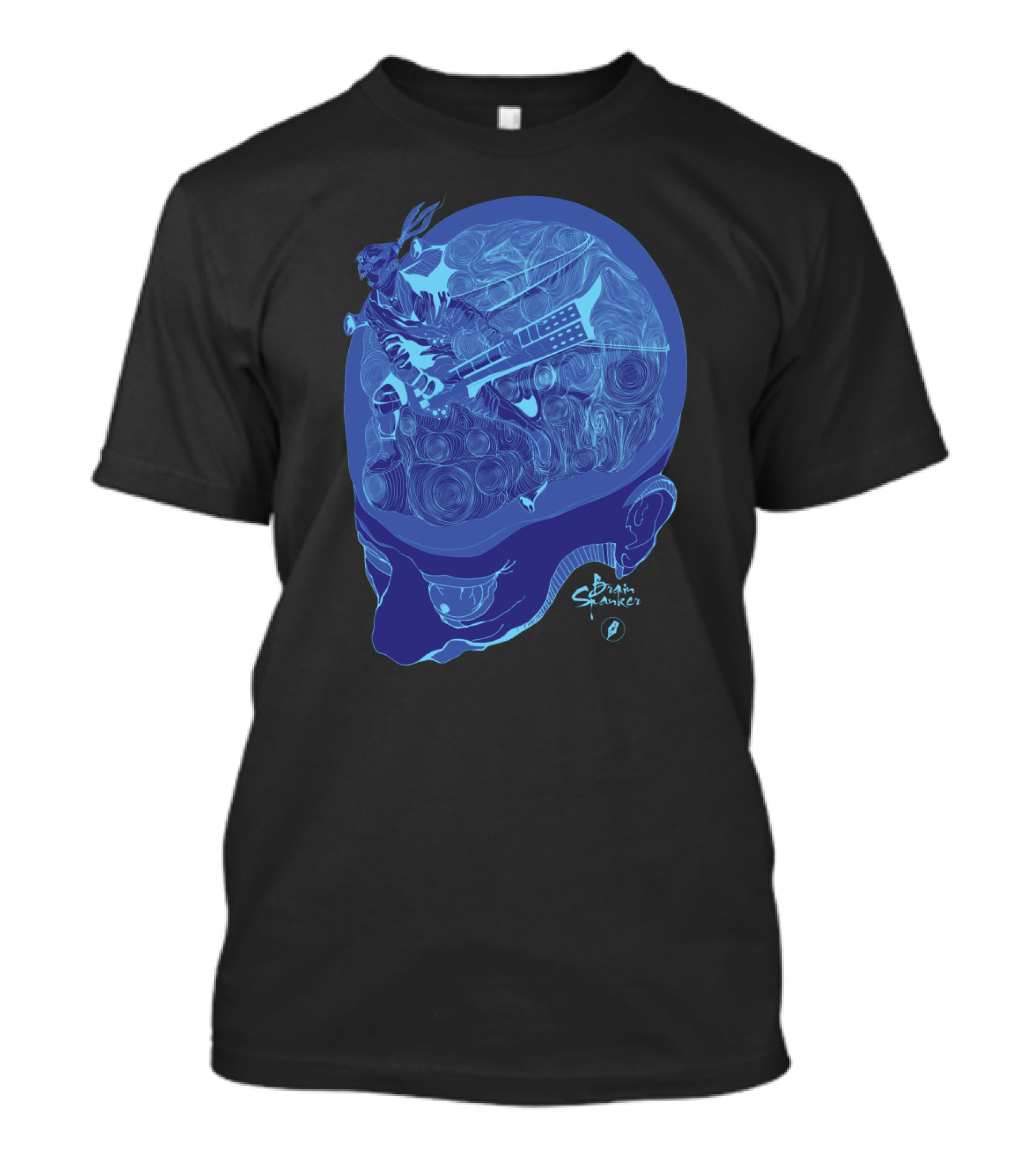 Brain Spanker Futuristic Guitarist Inside Blue Skull Brainwaves T-Shirt