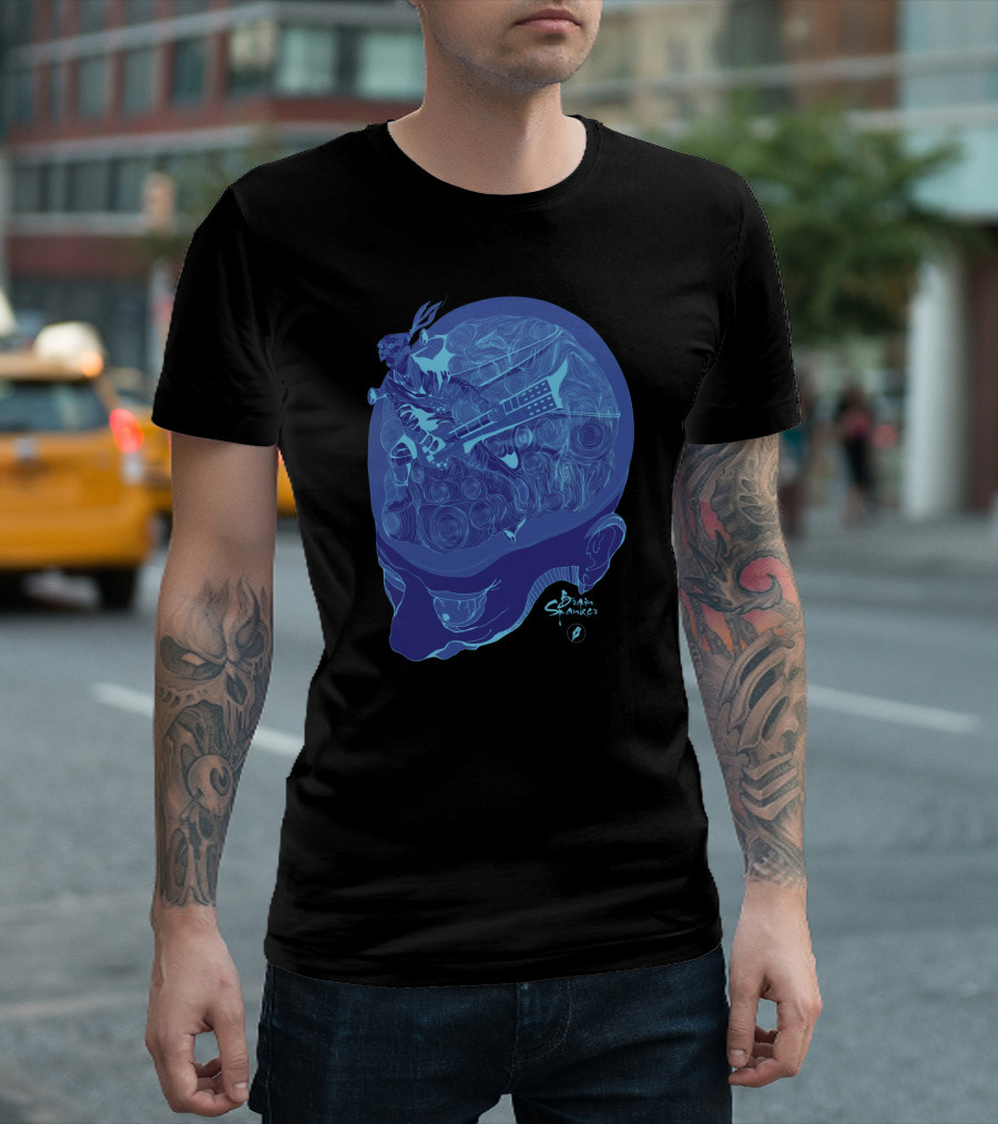 Brain Spanker Futuristic Guitarist Inside Blue Skull Brainwaves T-Shirt