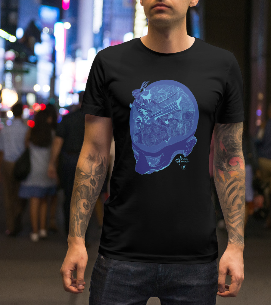 Brain Spanker Futuristic Guitarist Inside Blue Skull Brainwaves T-Shirt